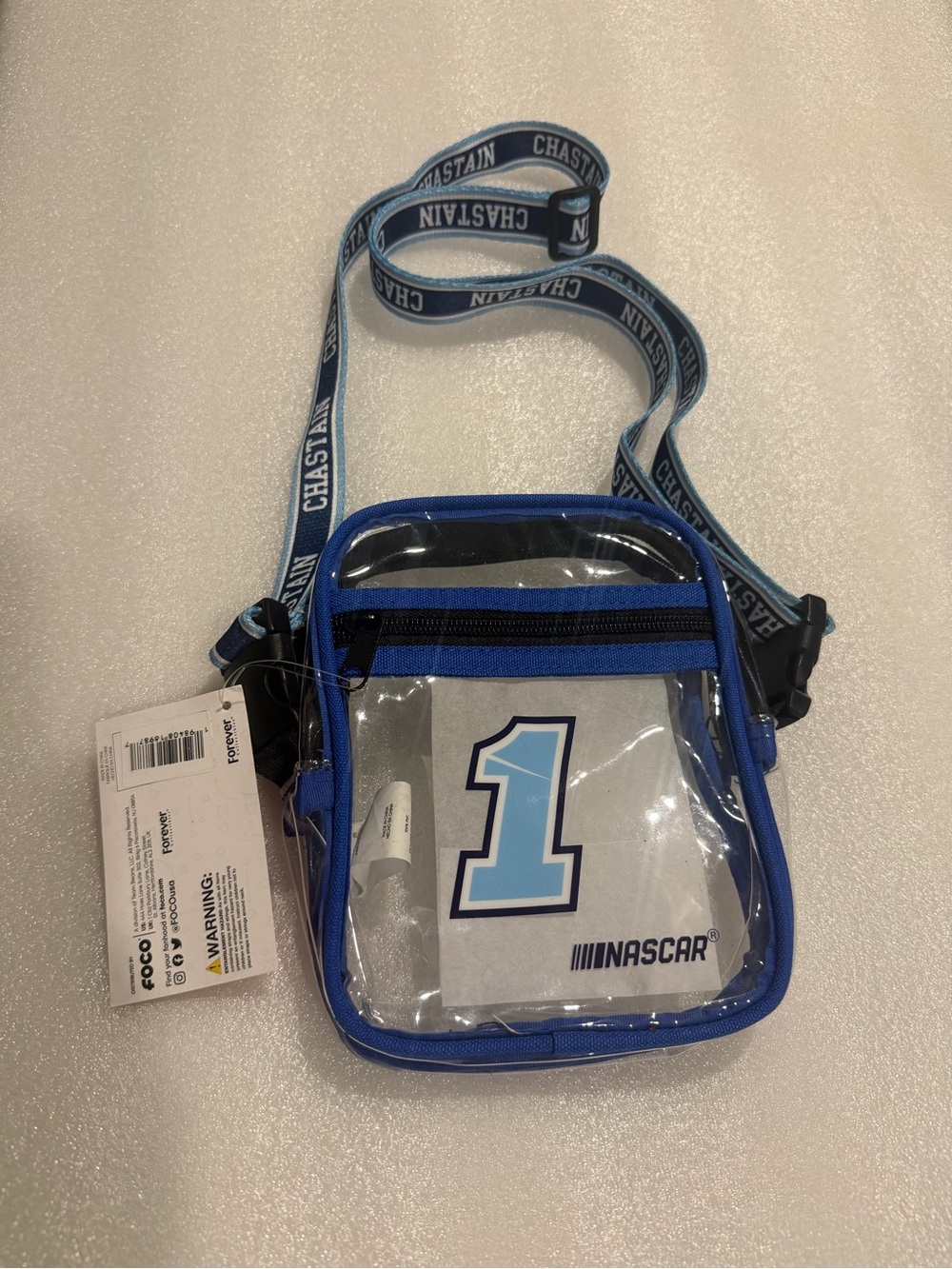 NASCAR foco chastain 1 graphic blue transparent crossbody bag/ new